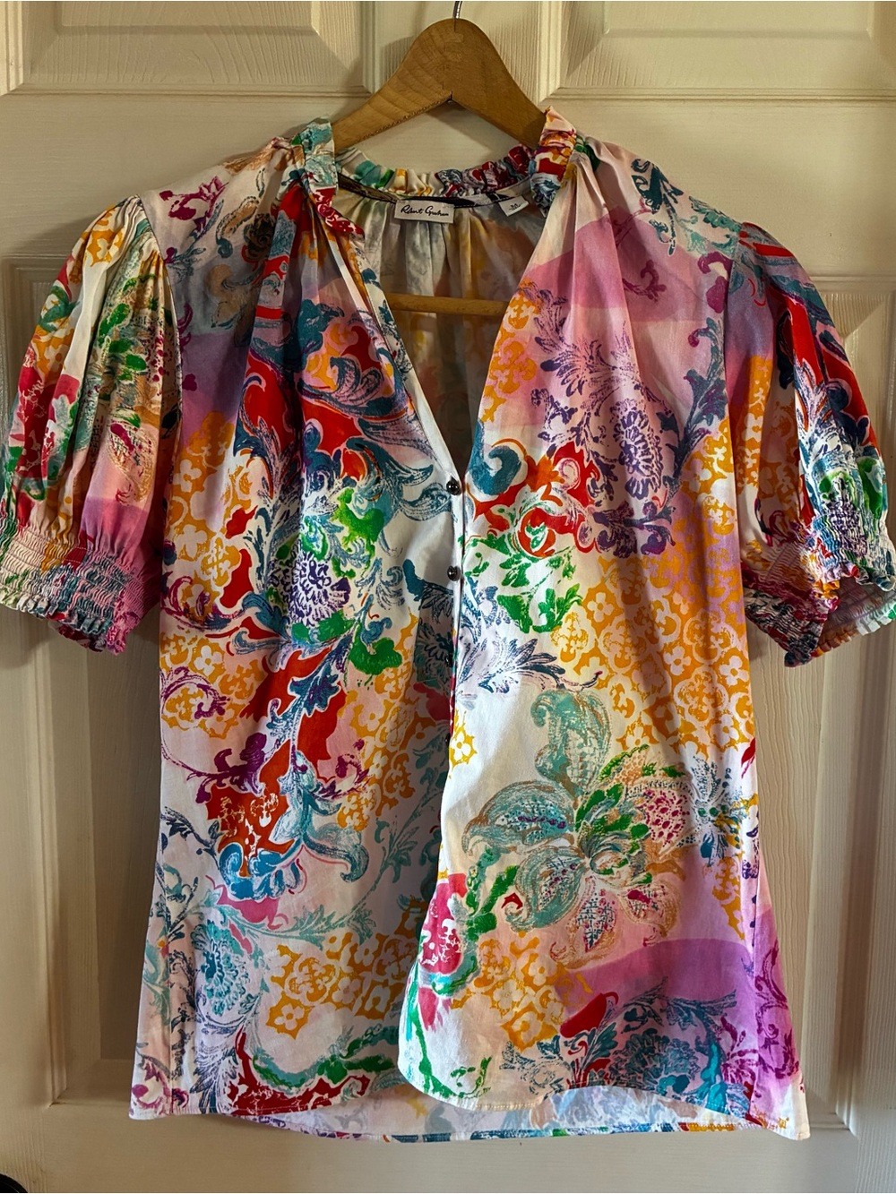 Robert Graham Multicolor Floral-Print Puff Sleeve Blouse Sz M